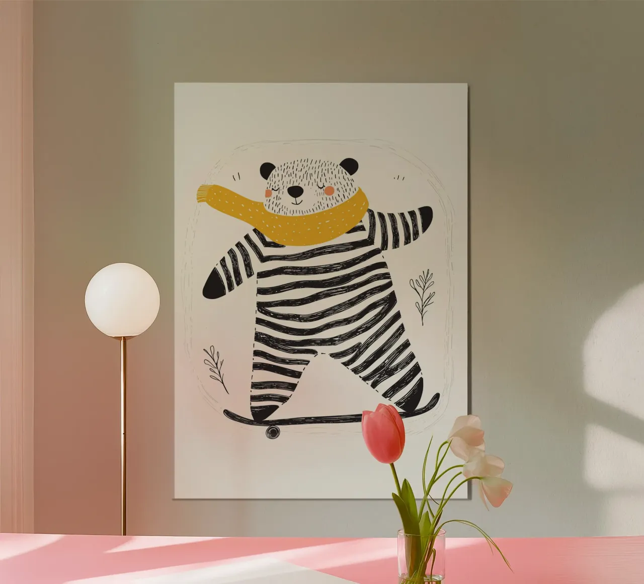 Poster nordico per la cameretta, stampa moderna per bambini, orso che va sullo skateboard poster con telaio in plastica da Little Lola