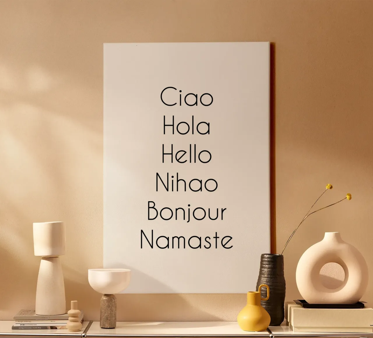 Ciao Hola Hello Nihao Bonjour Namaste tela con Cornice a cassetta da Typo Designs