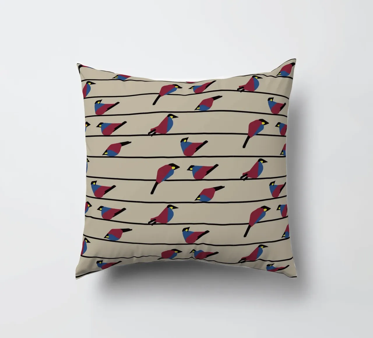 Minimalist Birds on Wires – Modern Geometric Nature Print cuscino da Spunk