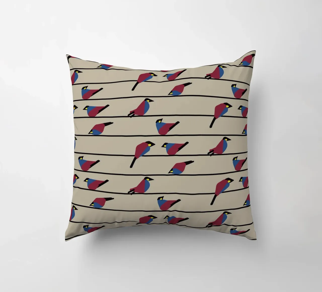 Minimalist Birds on Wires – Modern Geometric Nature Print cuscino da Spunk