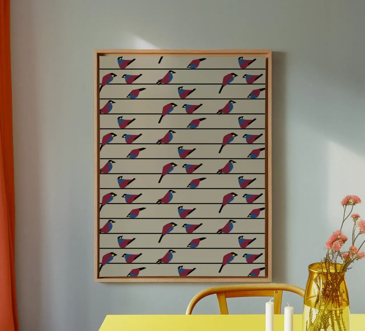Minimalist Birds on Wires – Modern Geometric Nature Print tela con Cornice a cassetta da Spunk