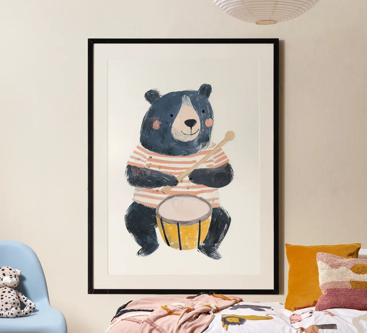Orso musicale stampato per la cameretta, poster per bambini, arte della fauna selvatica poster con telaio in alluminio da Little Lola