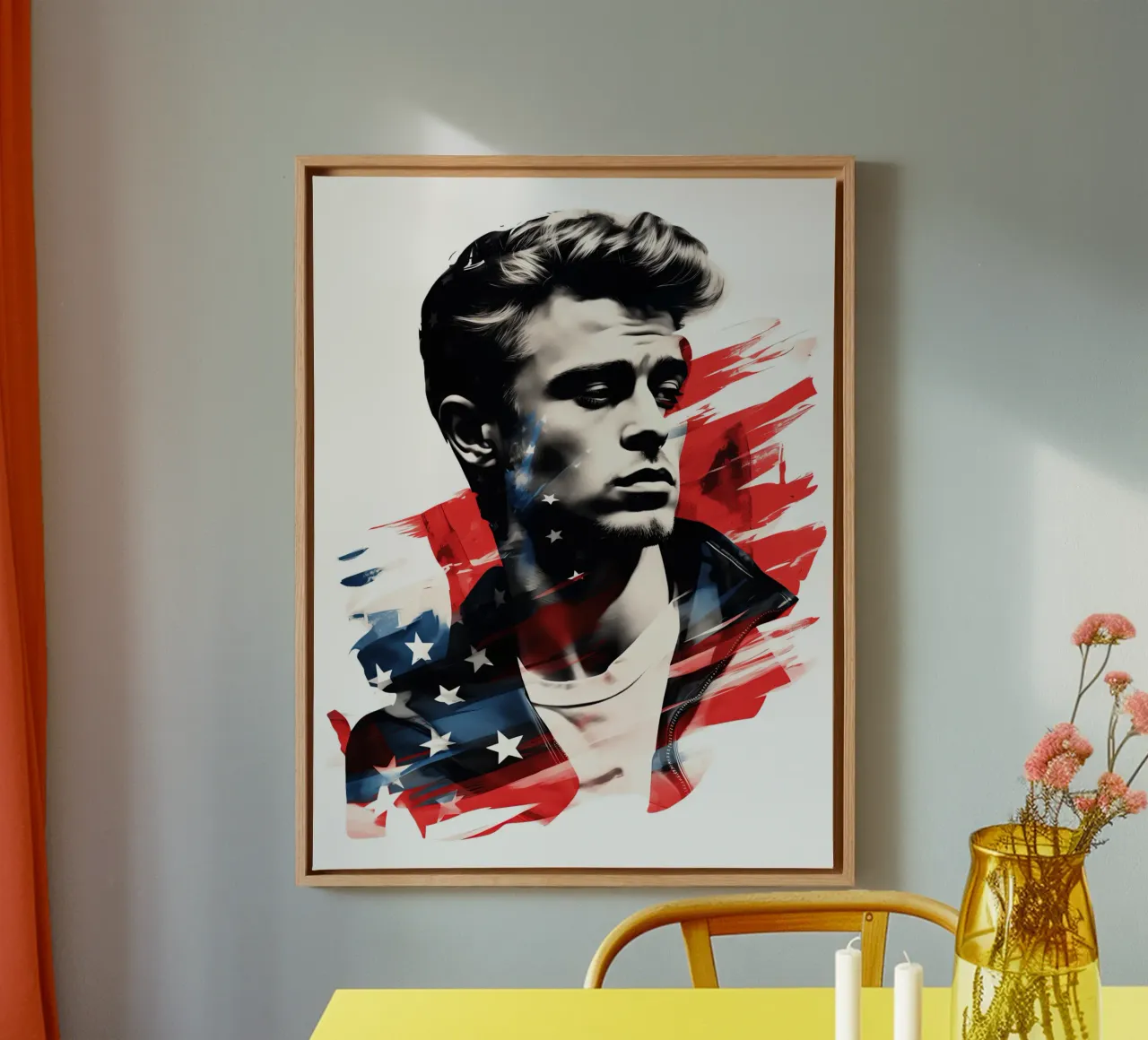 Poster dei fan di James Dean con i colori degli Stati Uniti tela con Cornice a cassetta da Autofocus