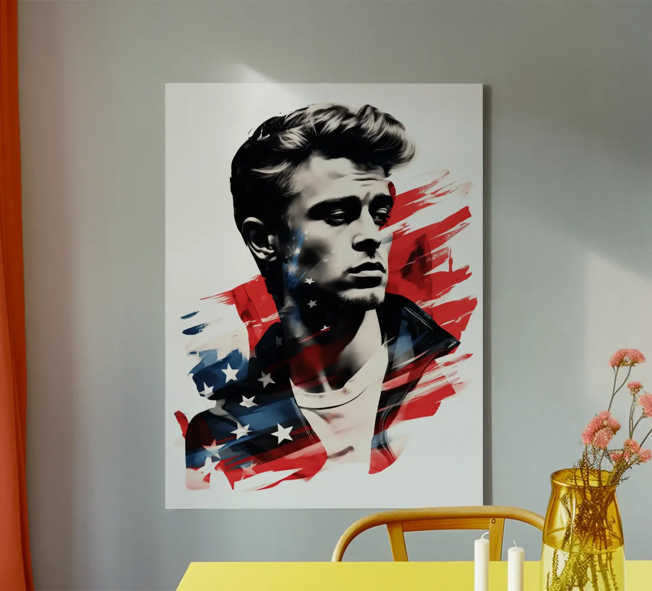 Poster dei fan di James Dean con i colori degli Stati Uniti tela con Cornice a cassetta da Autofocus