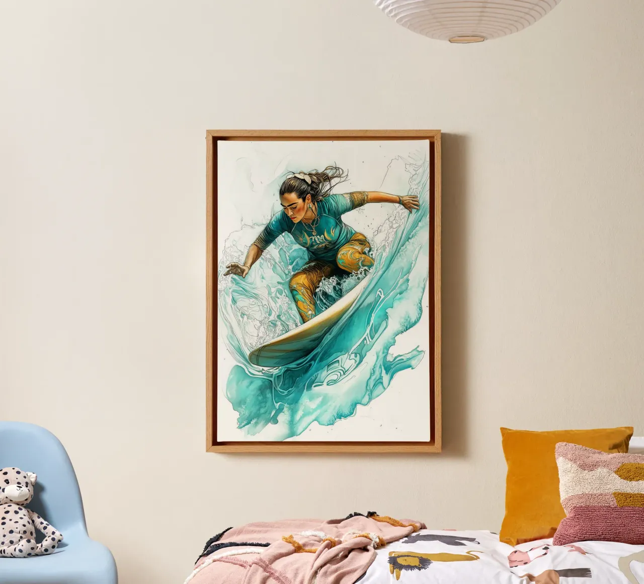 Surfen meisje digitale kunst canvas met Baklijst van Justyna Jaszke JBJart
