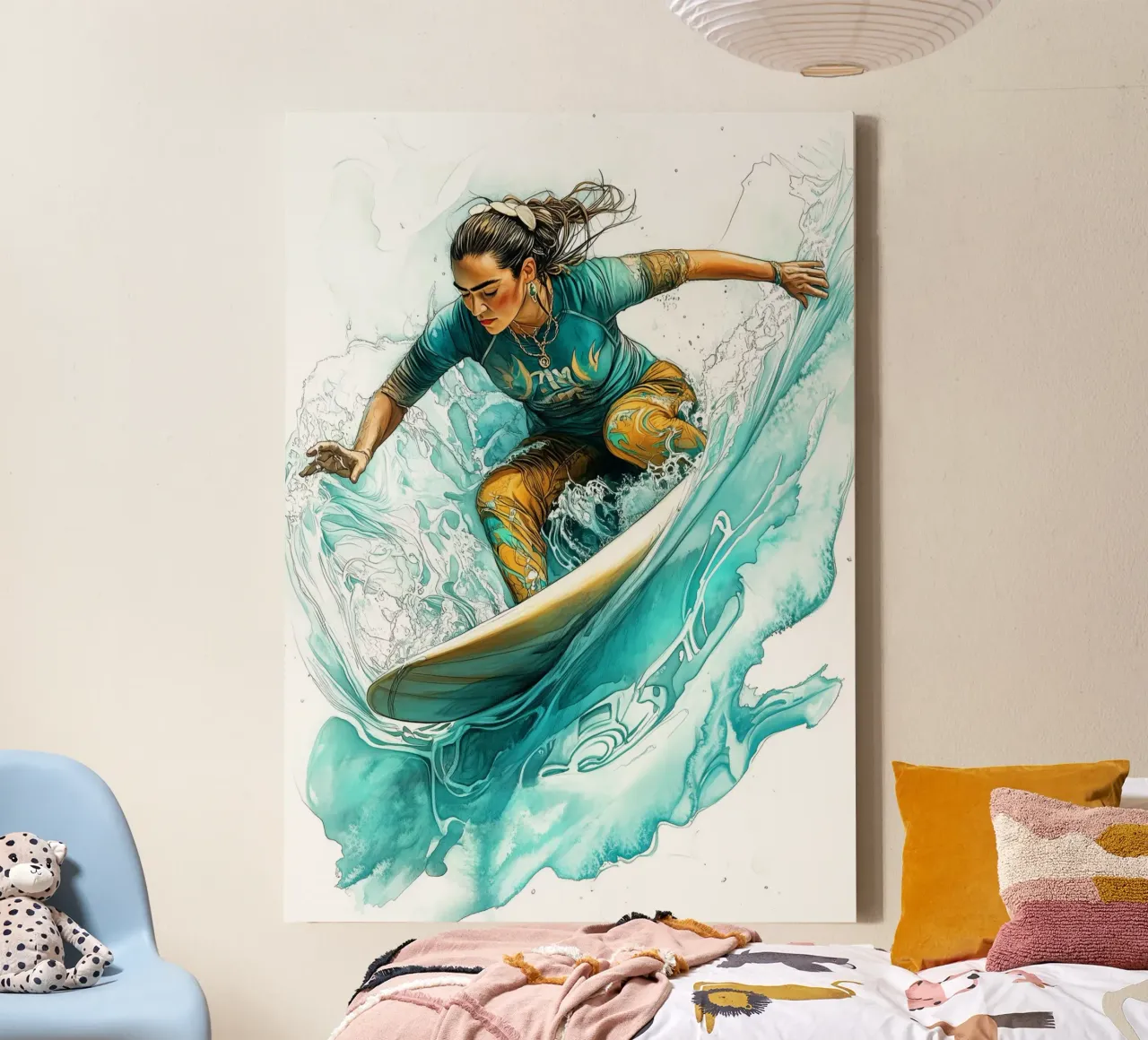 Surfen meisje digitale kunst canvas met Baklijst van Justyna Jaszke JBJart