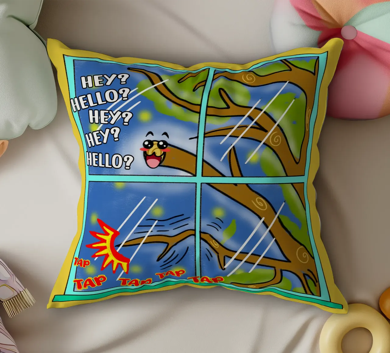 Divertente Kawaii Cute Tree Branch Tapping Cartone animato classico cuscino da sillyindustries