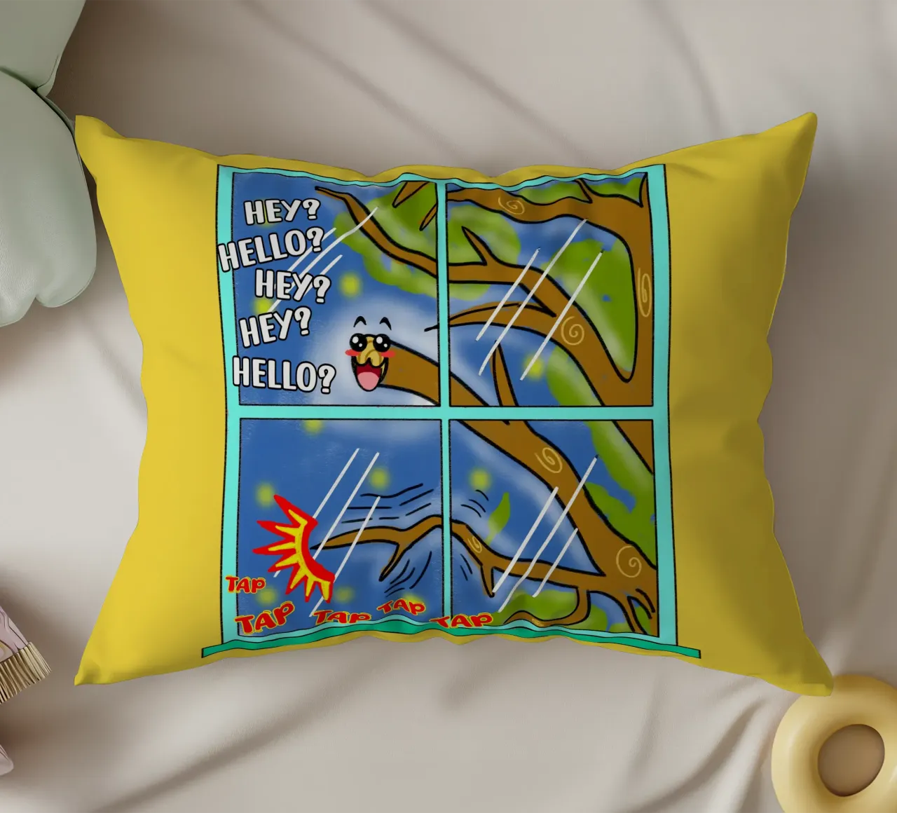 Divertente Kawaii Cute Tree Branch Tapping Cartone animato classico cuscino da sillyindustries