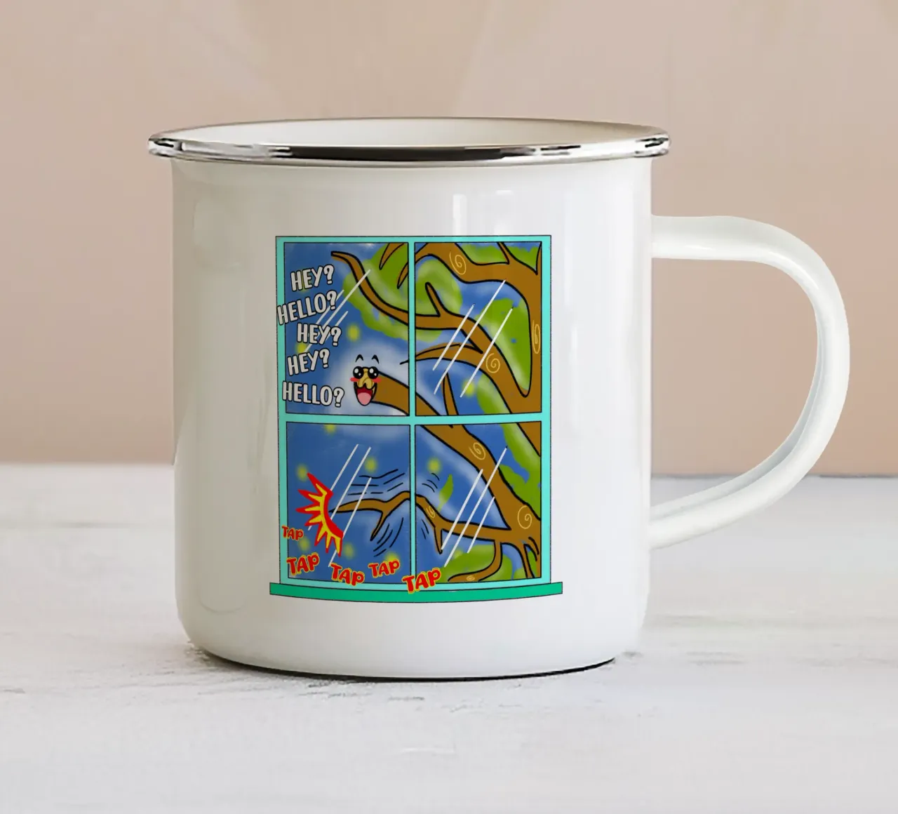Divertente Kawaii Cute Tree Branch Tapping Cartone animato classico tazza in smalto da sillyindustries