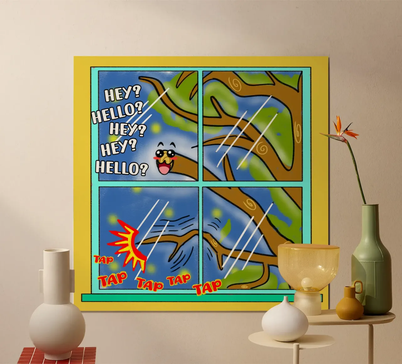 Divertente Kawaii Cute Tree Branch Tapping Cartone animato classico poster con telaio in alluminio da sillyindustries