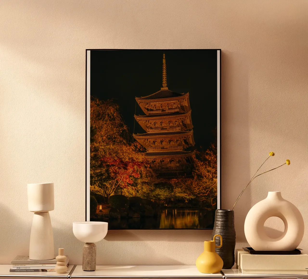 Japanse pagode bij nacht aluminium-dibond van Marcel Bisig