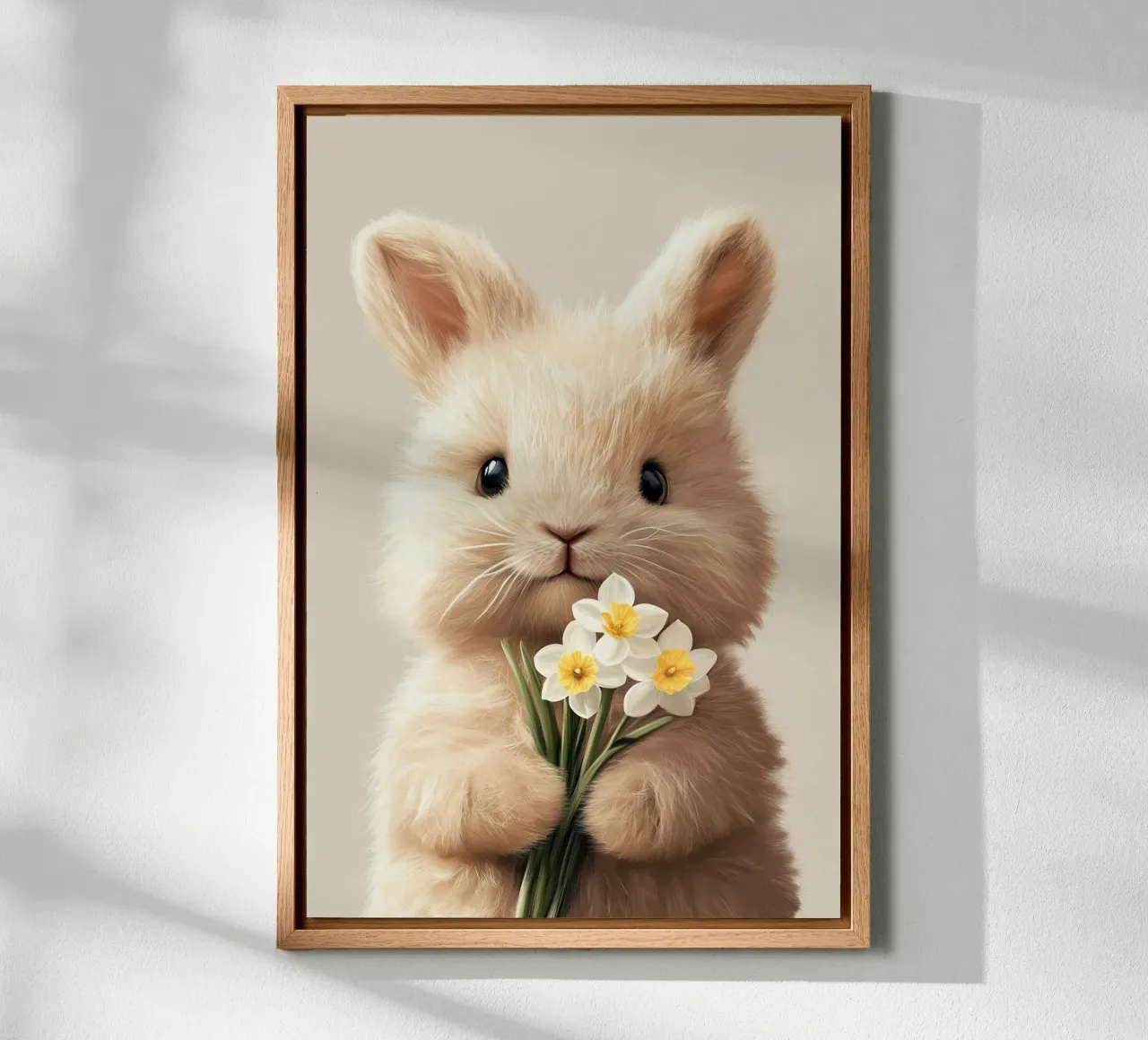 Hero #39: Angora bunny with daffodils at Easter canvas with Floater frame by farbenhelden