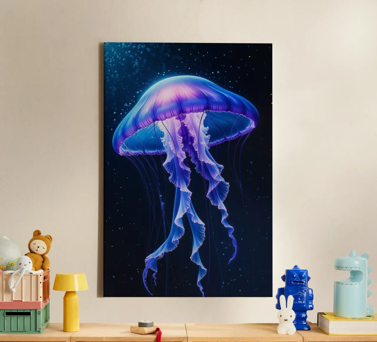 Luminous Deep-Sea Jellyfish in Bioluminescent Waters tela da AlbertKlee