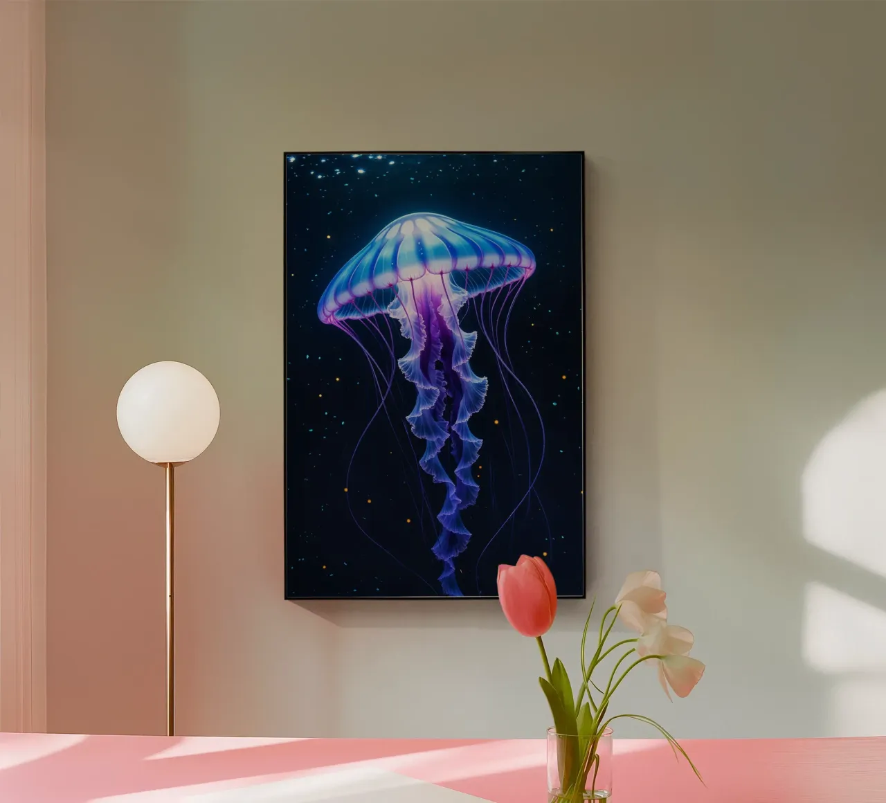 Bioluminescent Jellyfish Floating in the Dark Abyss acryl van AlbertKlee