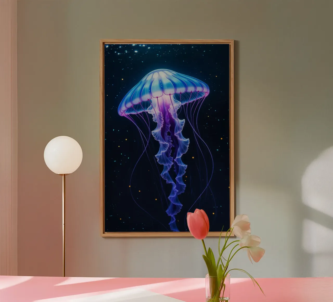 Bioluminescent Jellyfish Floating in the Dark Abyss alluminio dibond da AlbertKlee