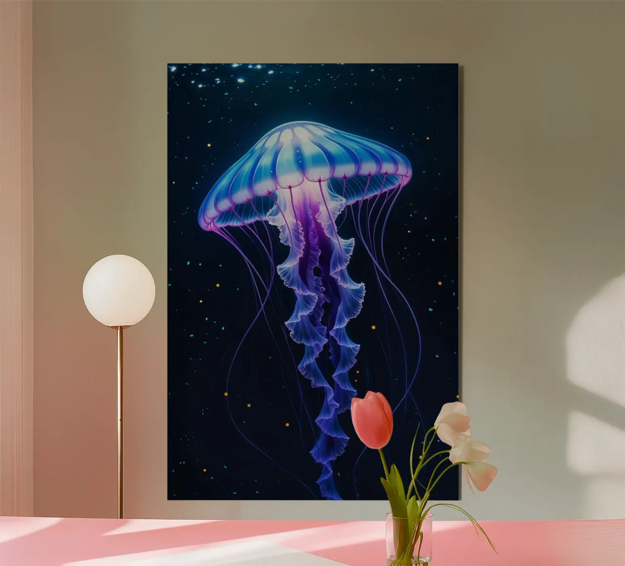 Bioluminescent Jellyfish Floating in the Dark Abyss alluminio dibond da AlbertKlee