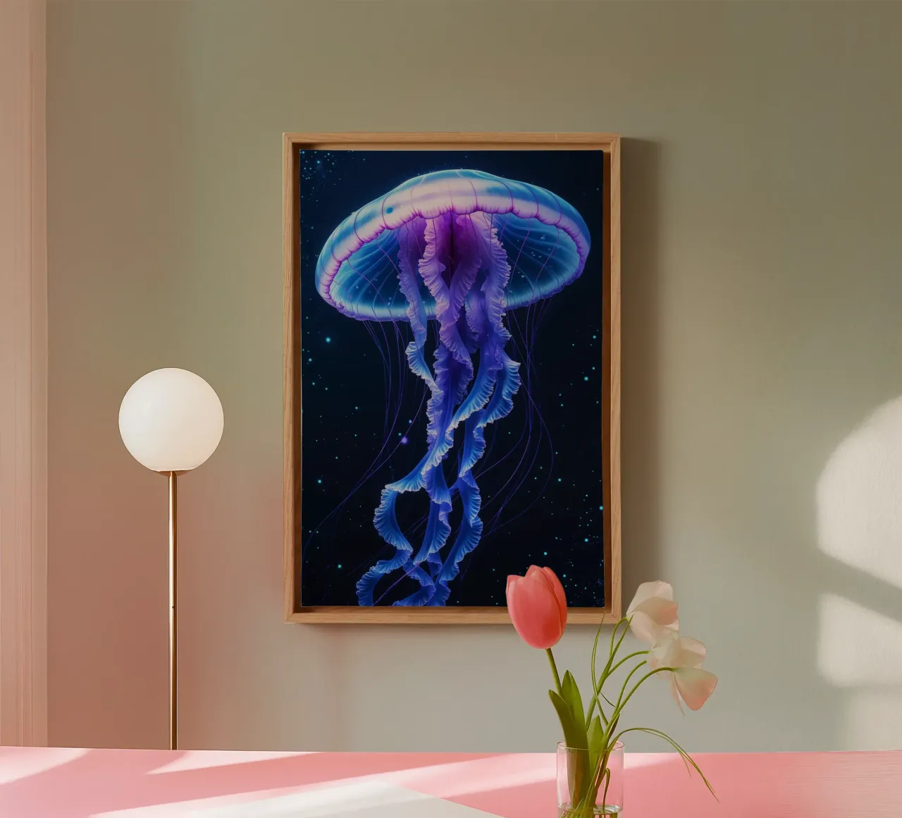Dreamlike Bioluminescent Jellyfish in the Ocean Void Leinwand mit Schattenfugenrahmen von AlbertKlee
