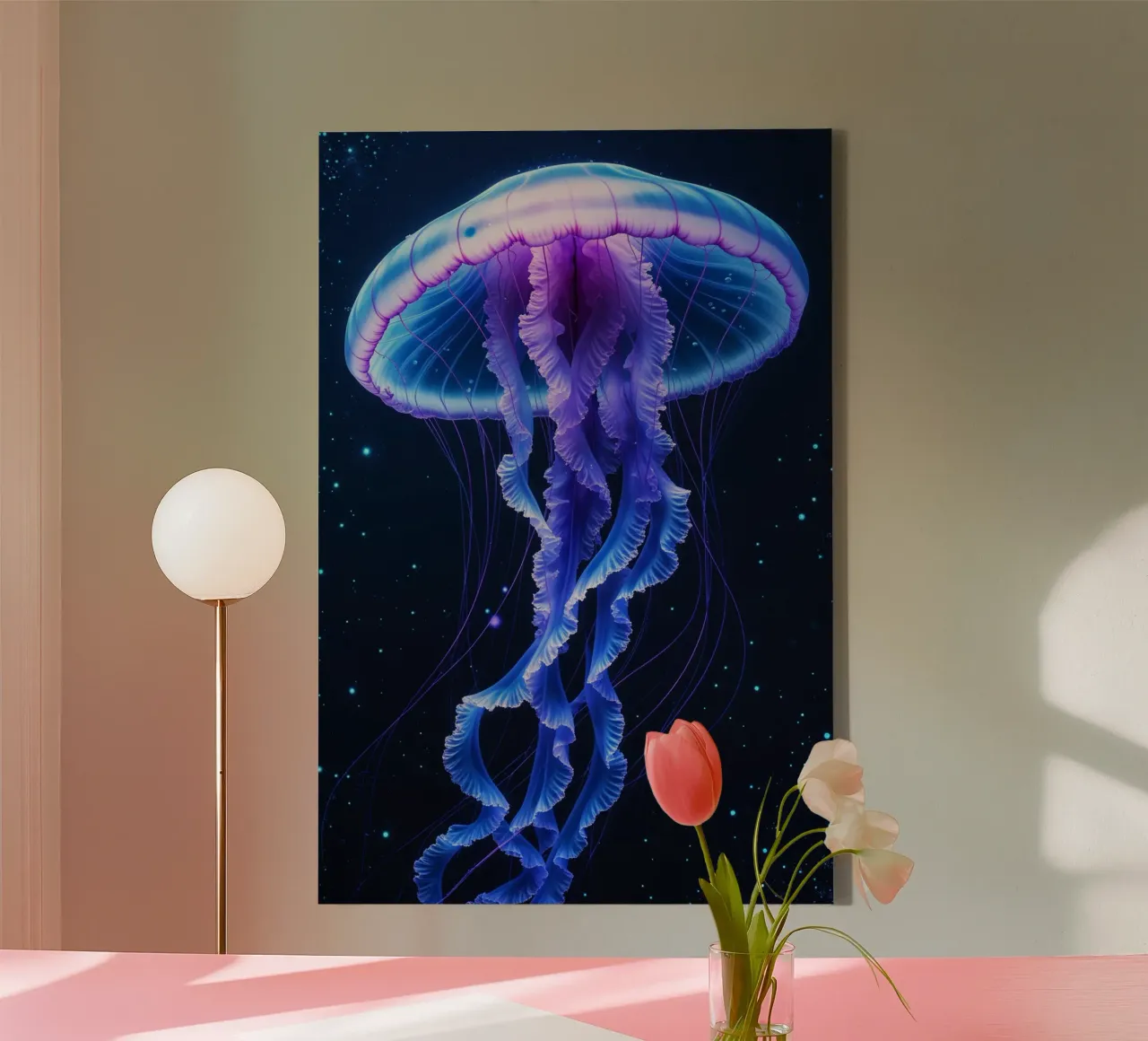 Dreamlike Bioluminescent Jellyfish in the Ocean Void Leinwand mit Schattenfugenrahmen von AlbertKlee