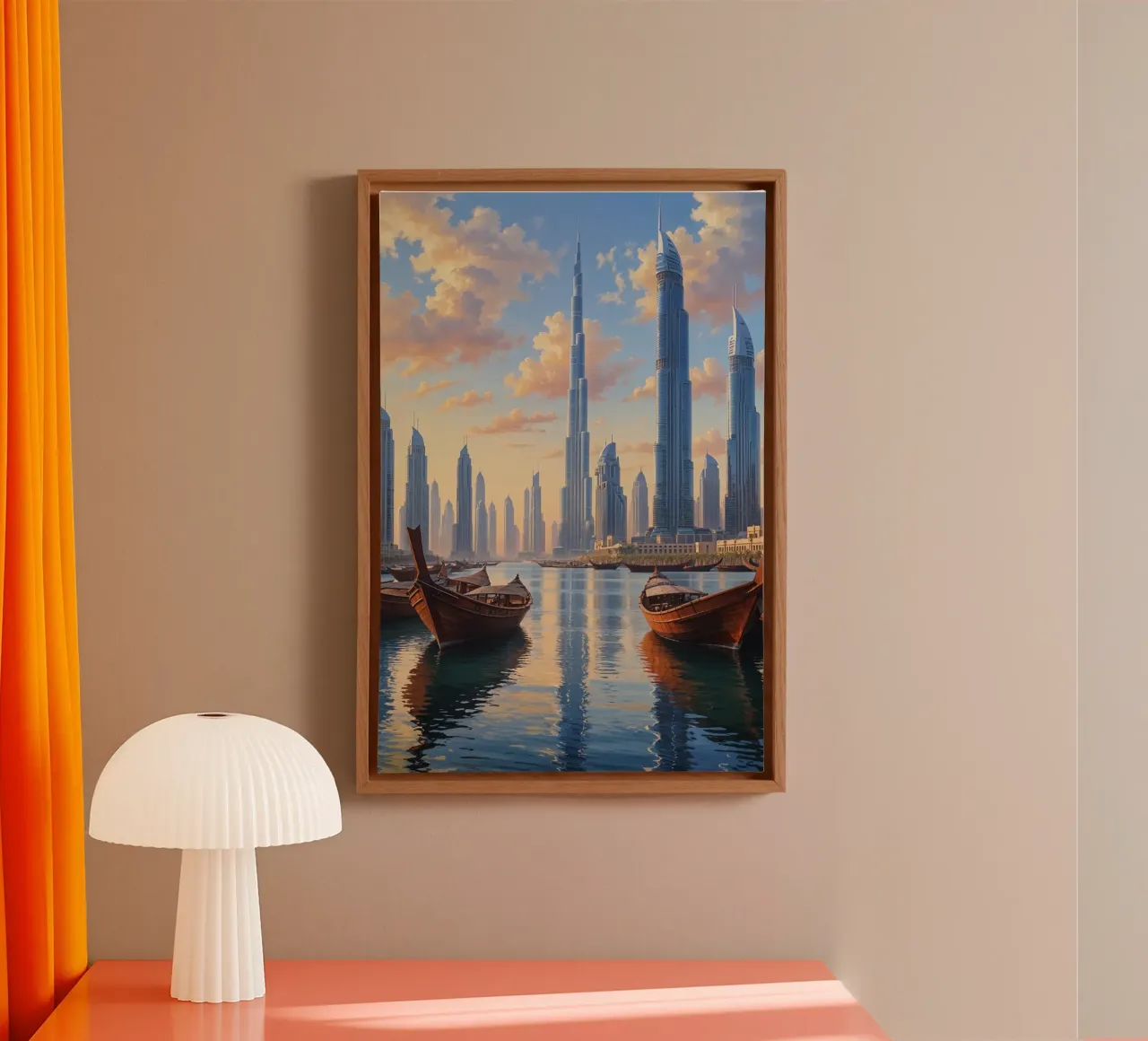 Golden Reflection of Dubai’s Skyline canvas met Baklijst van AlbertKlee