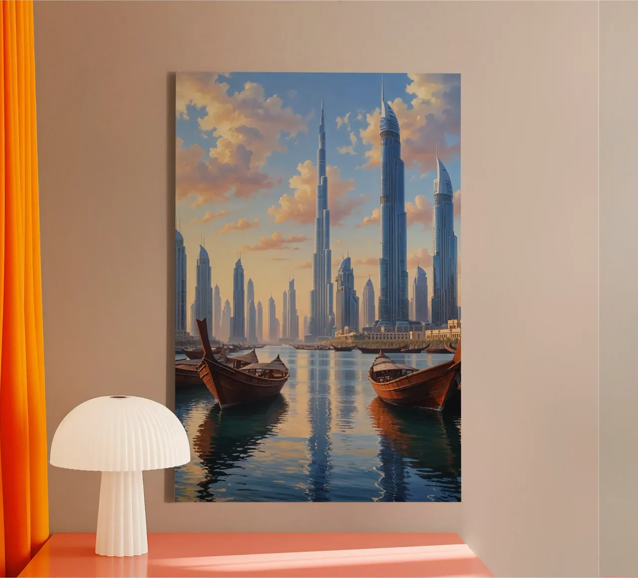 Golden Reflection of Dubai’s Skyline canvas met Baklijst van AlbertKlee