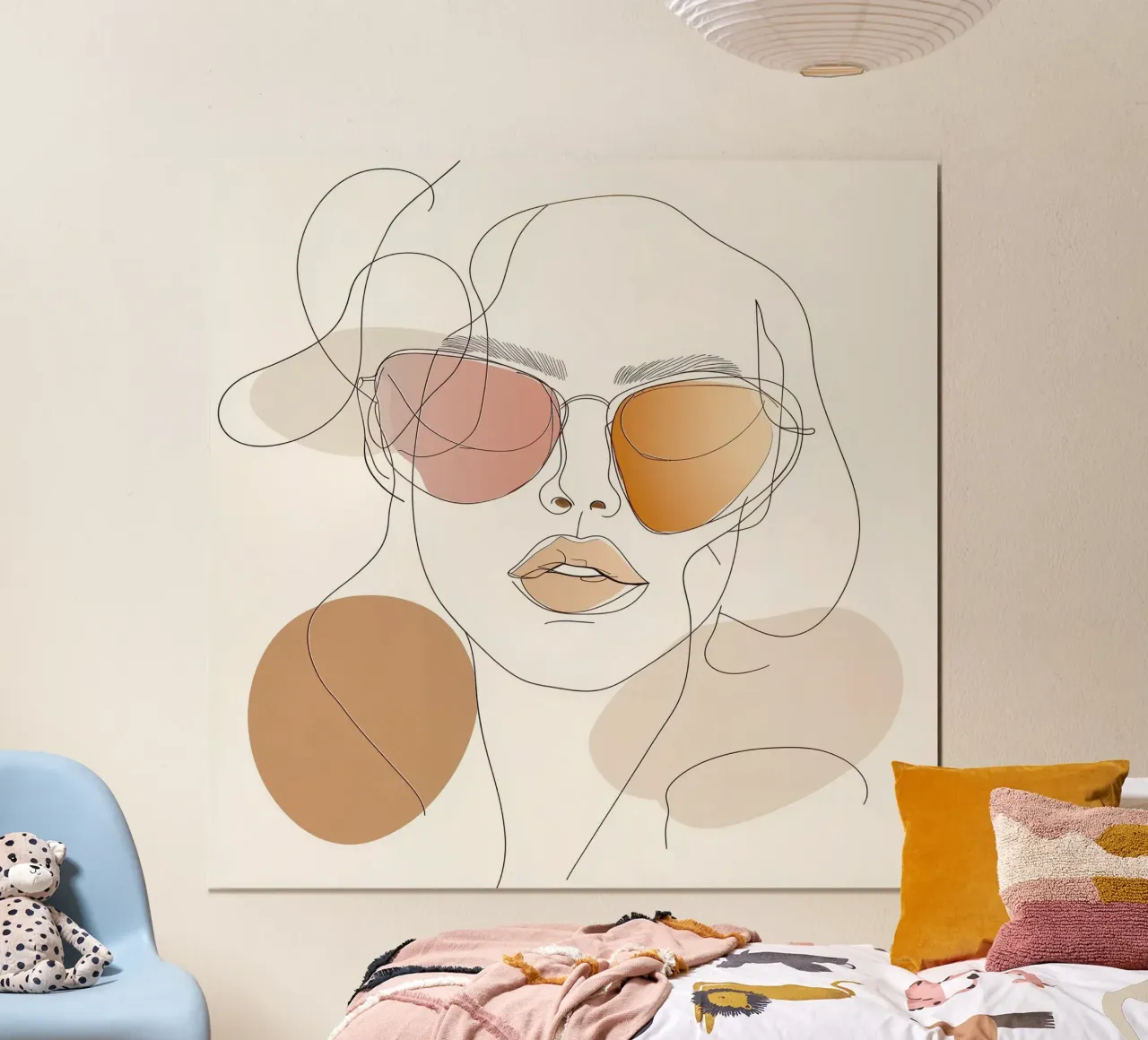 Golden Hour - Donna chic con occhiali da sole Line Art Poster poster con telaio in legno da Synthaira
