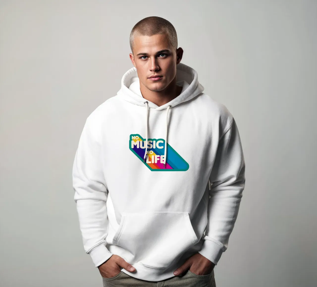 No Music No Life - Retro Typography with Rainbow Stripes felpa con cappuccio da showmemars
