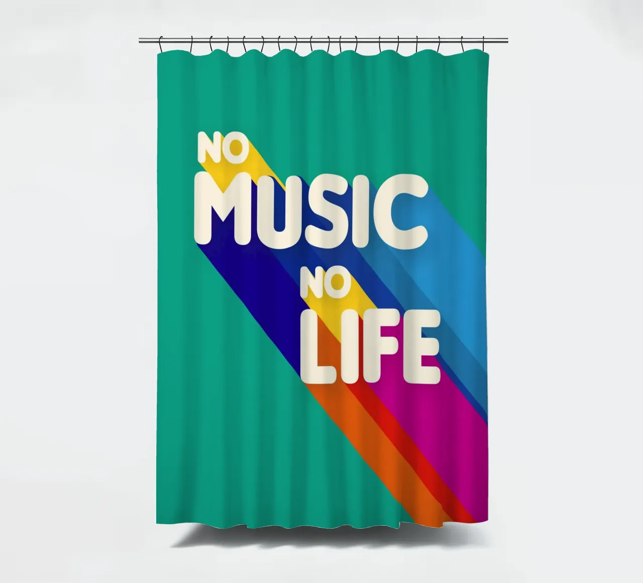 No Music No Life - Retro Typography with Rainbow Stripes Duschvorhang von showmemars