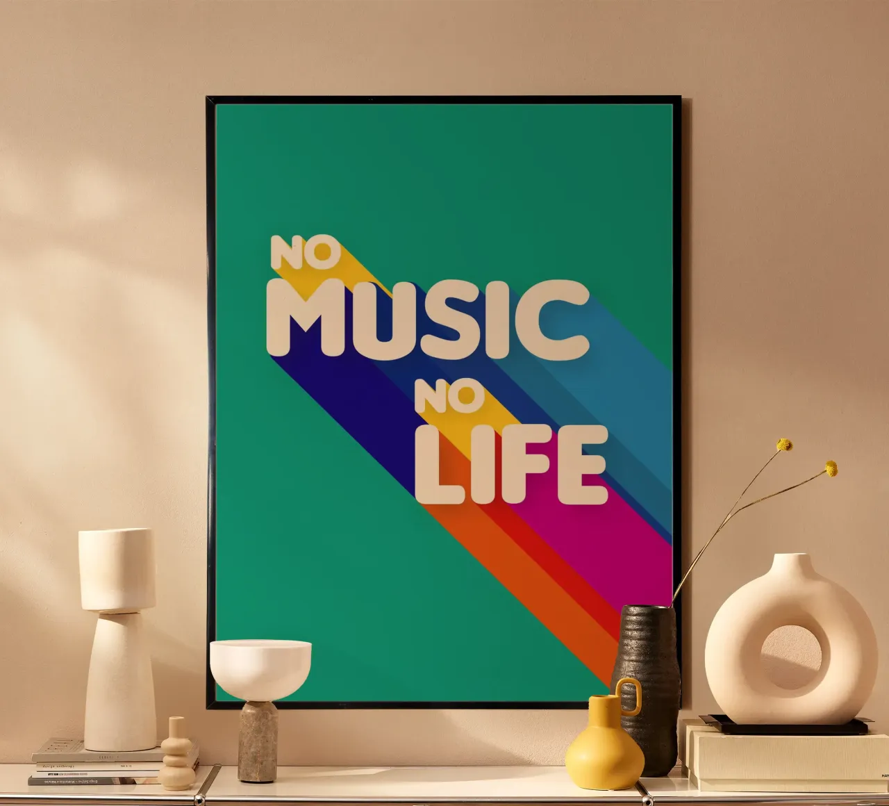 No Music No Life - Retro Typography with Rainbow Stripes carta hahnemühle da showmemars