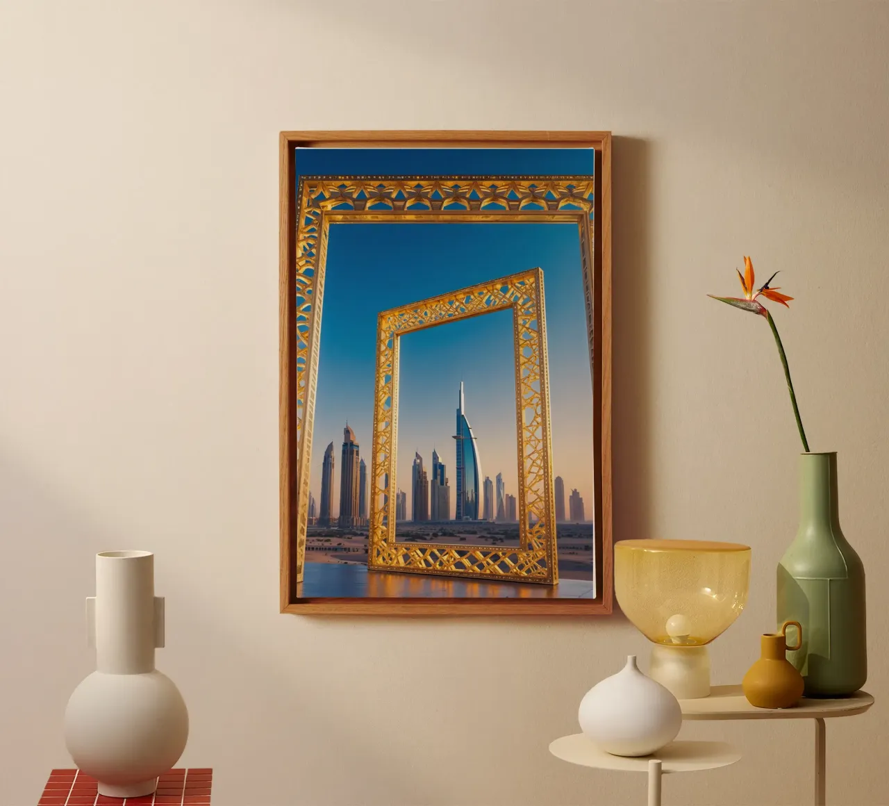Golden Dubai Frame with Futuristic Skyline tela con Cornice a cassetta da AlbertKlee