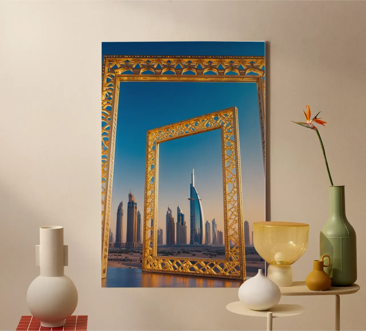 Golden Dubai Frame with Futuristic Skyline tela con Cornice a cassetta da AlbertKlee