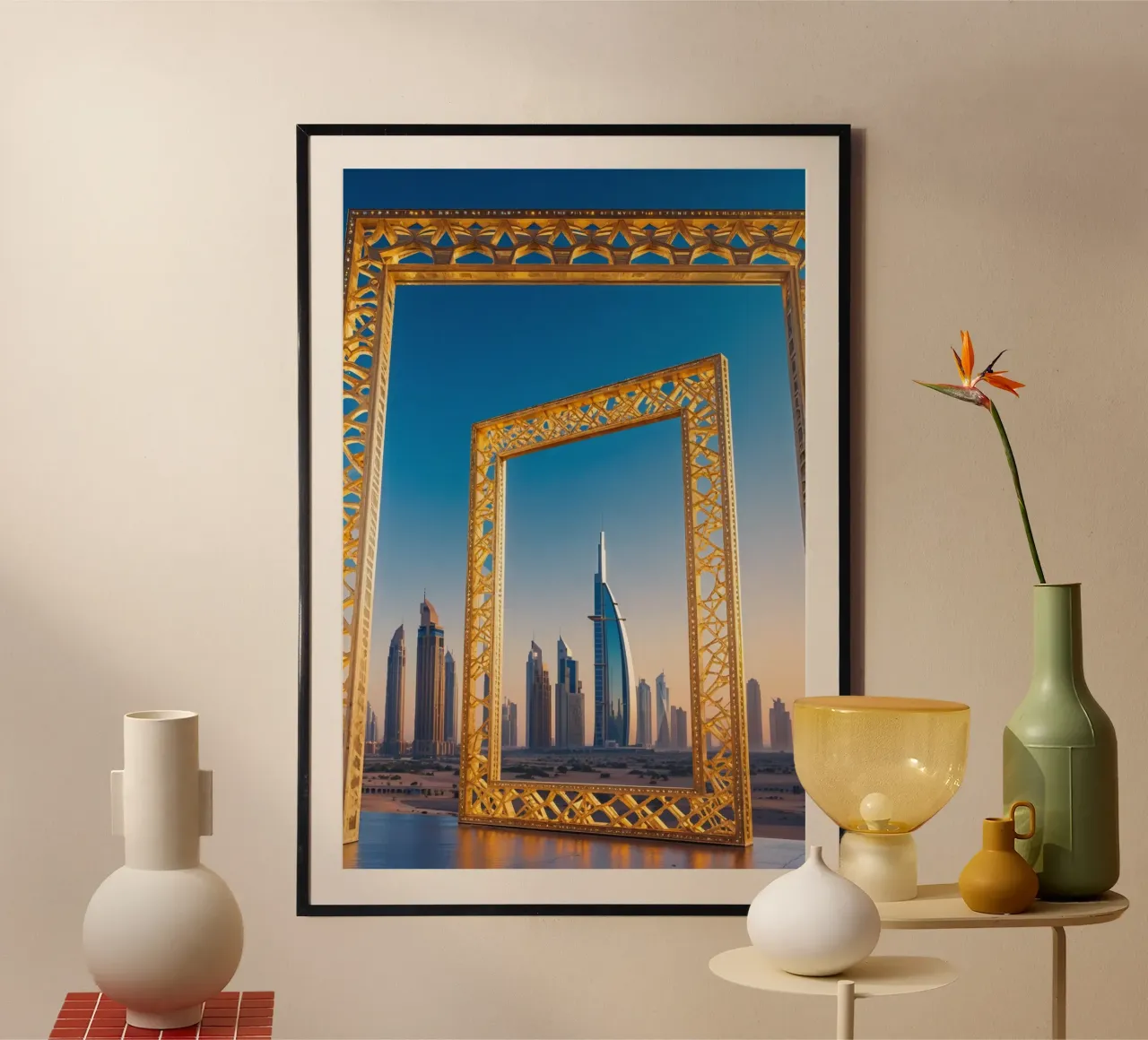 Golden Dubai Frame with Futuristic Skyline poster con telaio in alluminio da AlbertKlee
