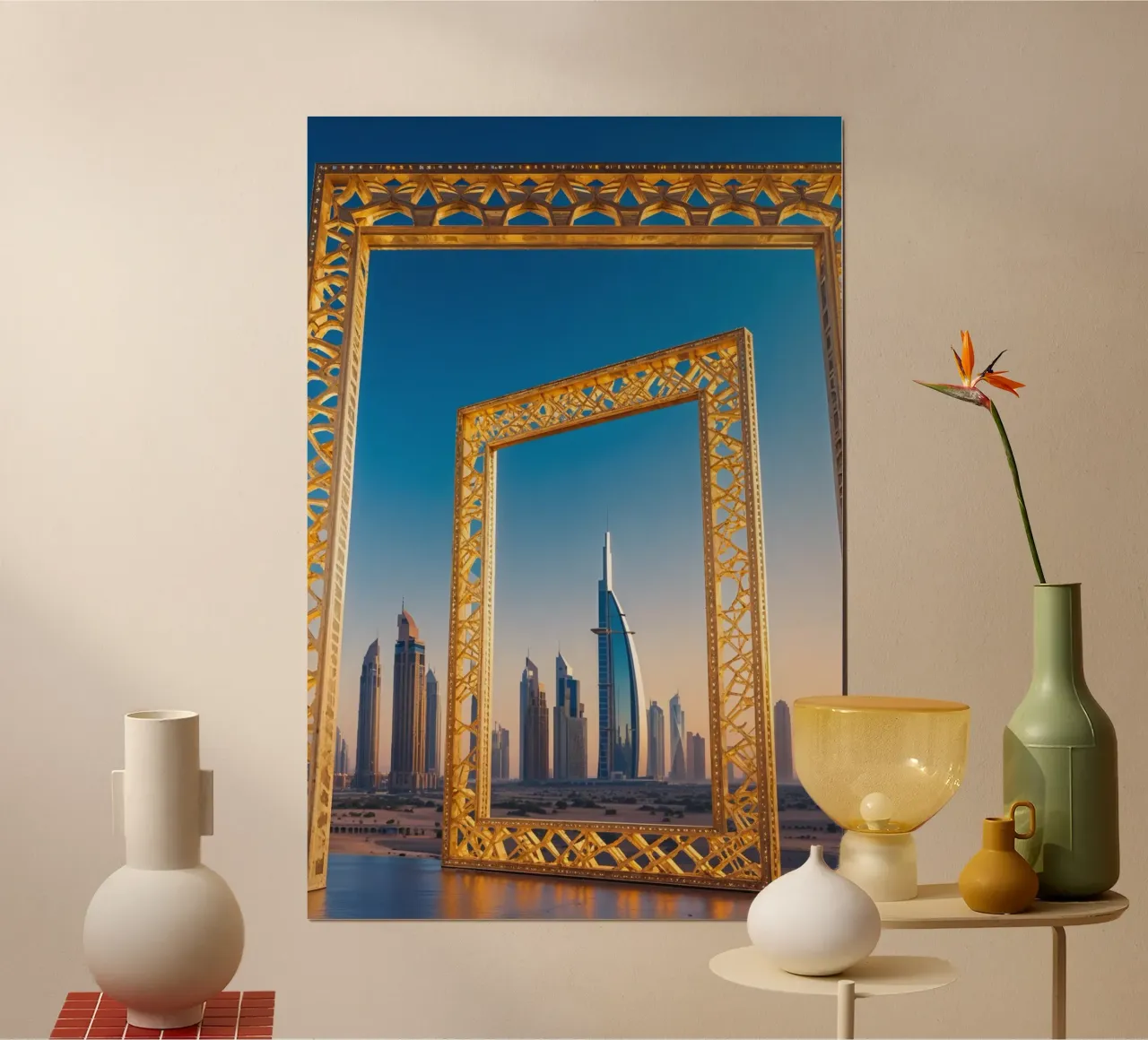 Golden Dubai Frame with Futuristic Skyline poster con telaio in alluminio da AlbertKlee
