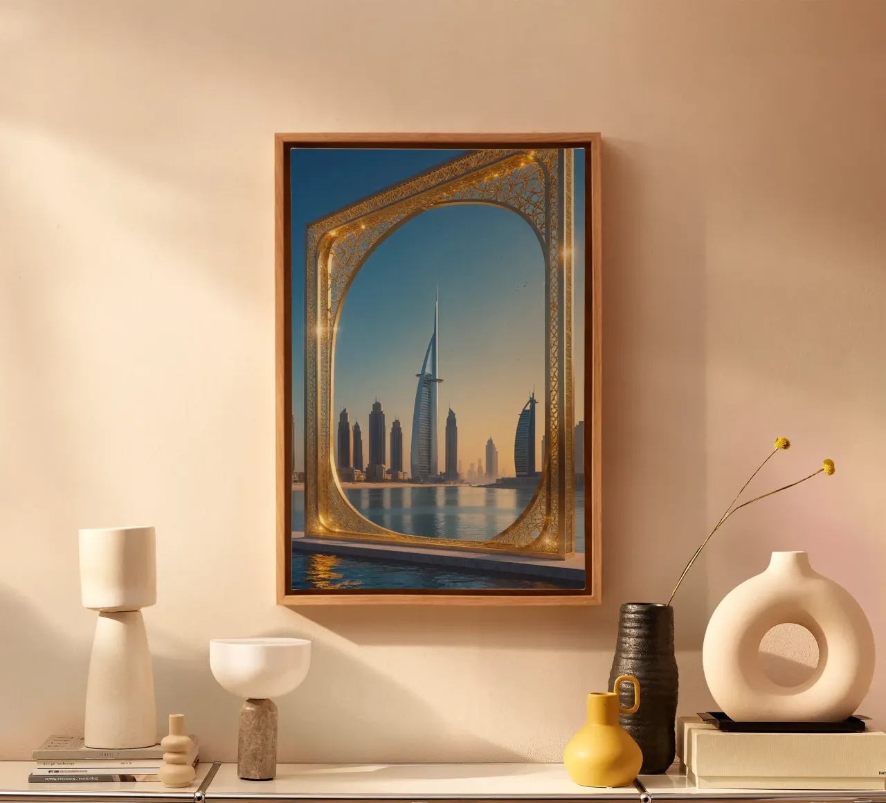 Dubai Frame Overlooking the Water and Skyline tela con Cornice a cassetta da AlbertKlee