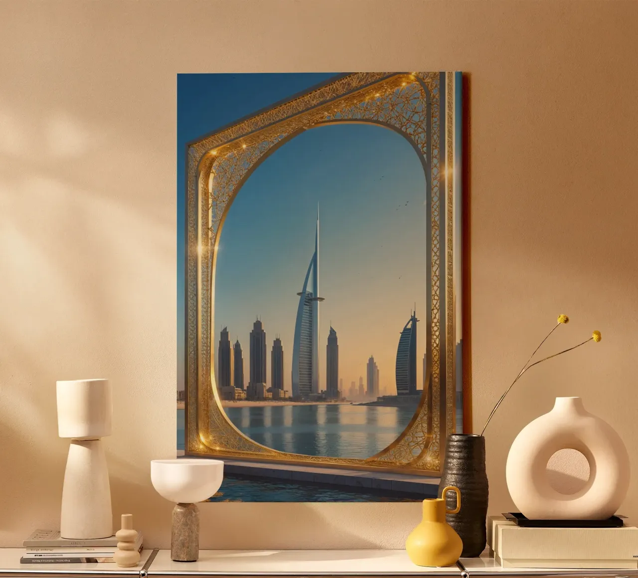 Dubai Frame Overlooking the Water and Skyline tela con Cornice a cassetta da AlbertKlee