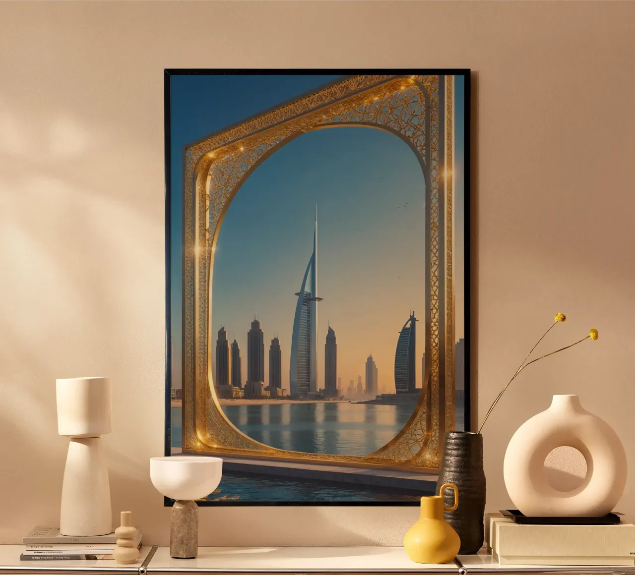 Dubai Frame Overlooking the Water and Skyline poster con telaio in alluminio da AlbertKlee