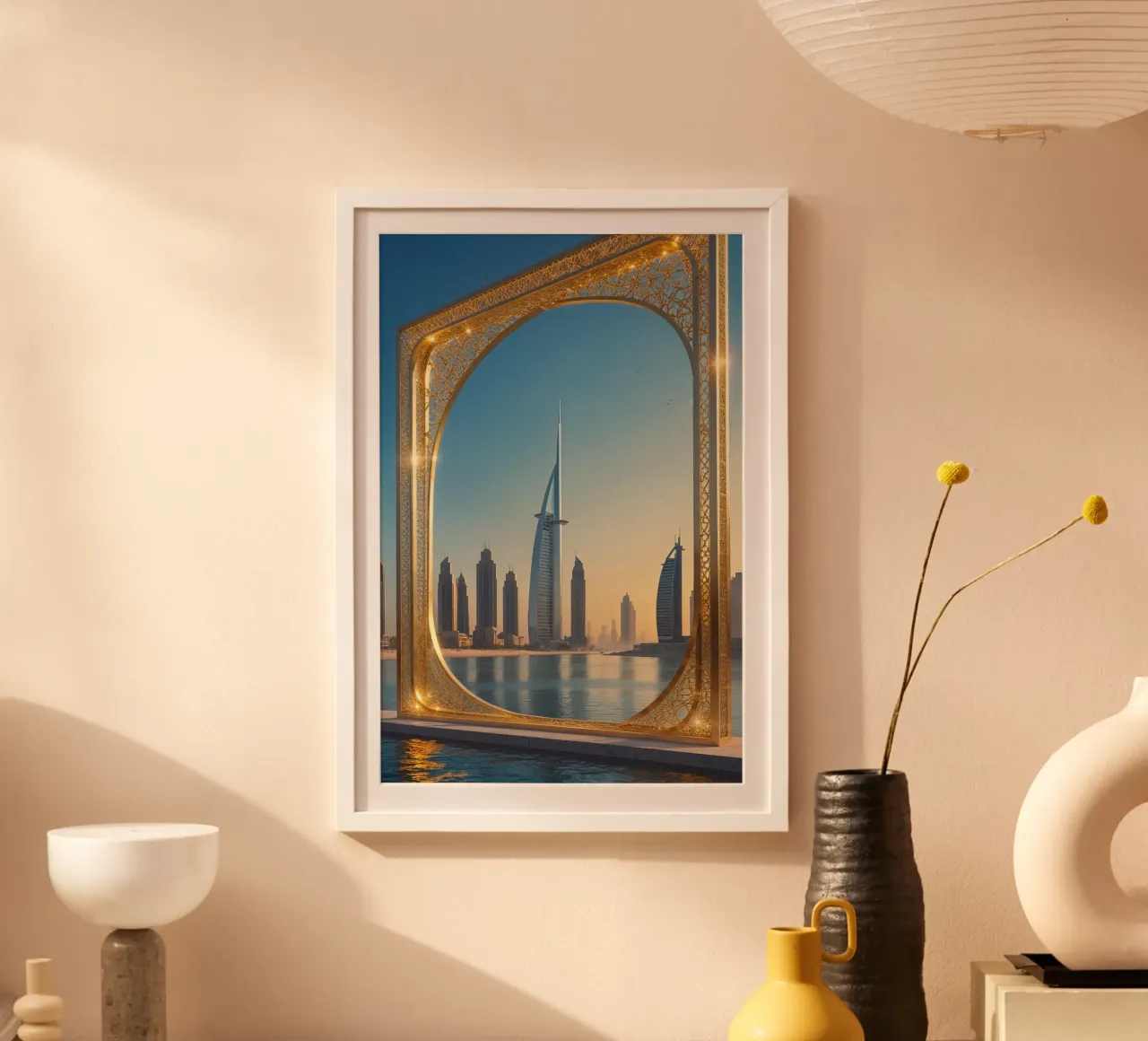 Dubai Frame Overlooking the Water and Skyline poster con telaio in alluminio da AlbertKlee
