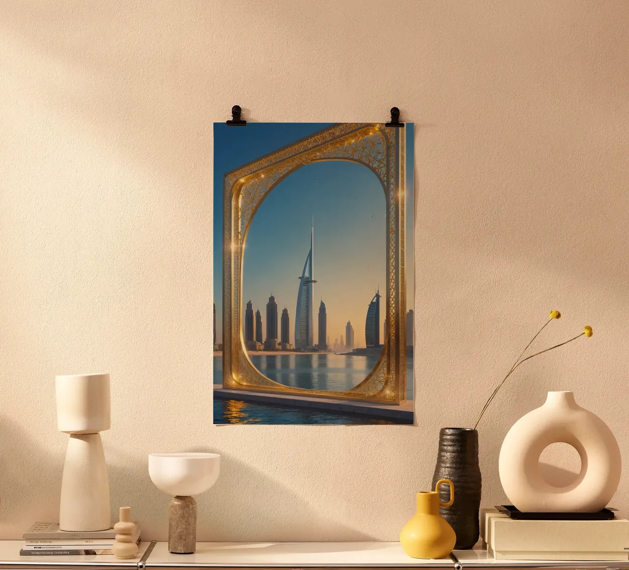 Dubai Frame Overlooking the Water and Skyline poster con telaio in alluminio da AlbertKlee