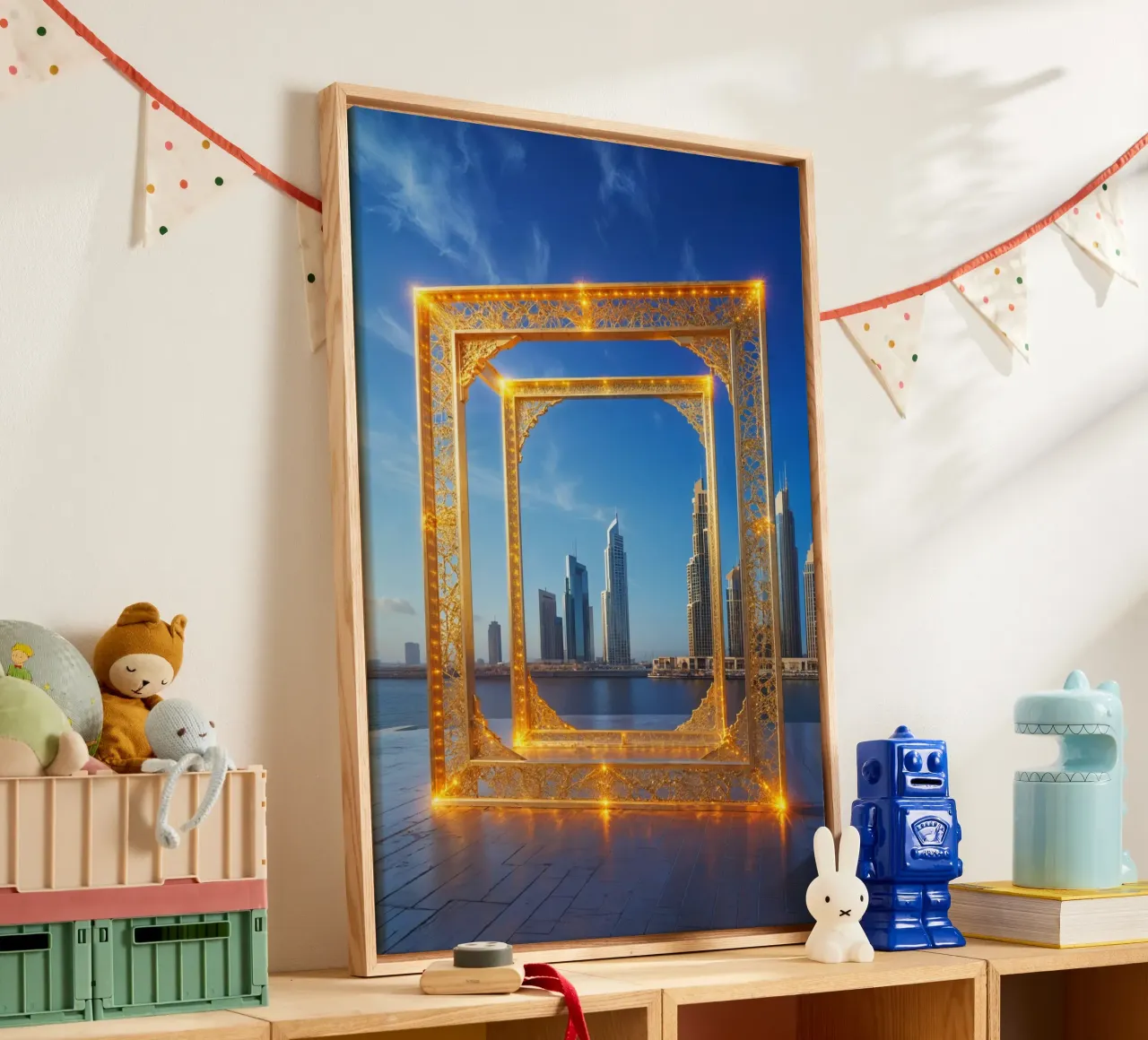 Illuminated Dubai Frame with City Reflections tela con Cornice a cassetta da AlbertKlee