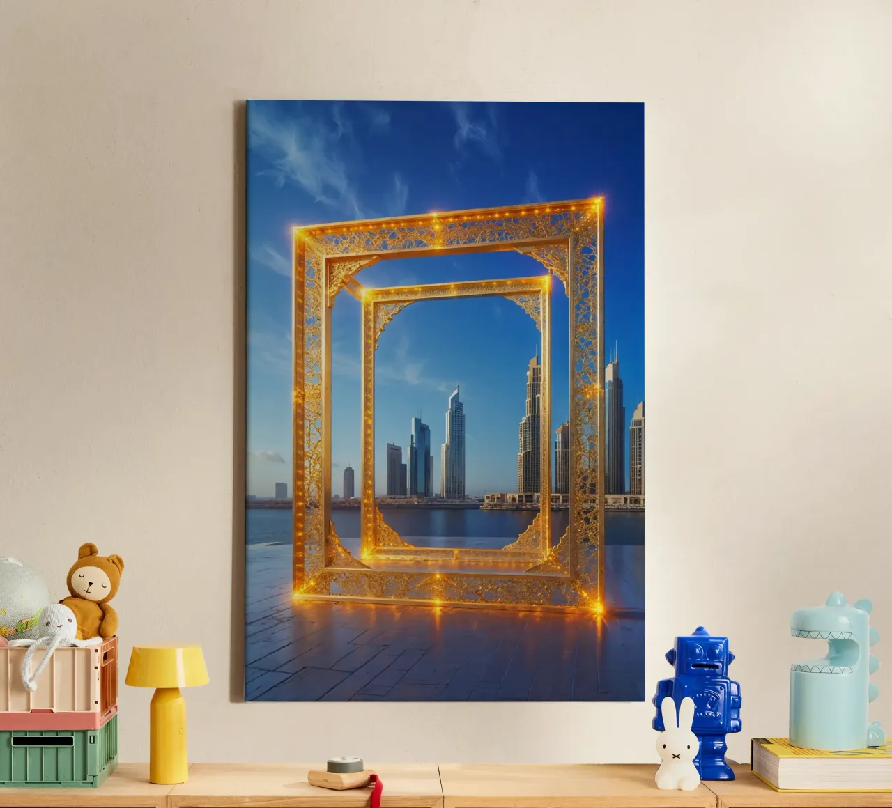 Illuminated Dubai Frame with City Reflections tela con Cornice a cassetta da AlbertKlee