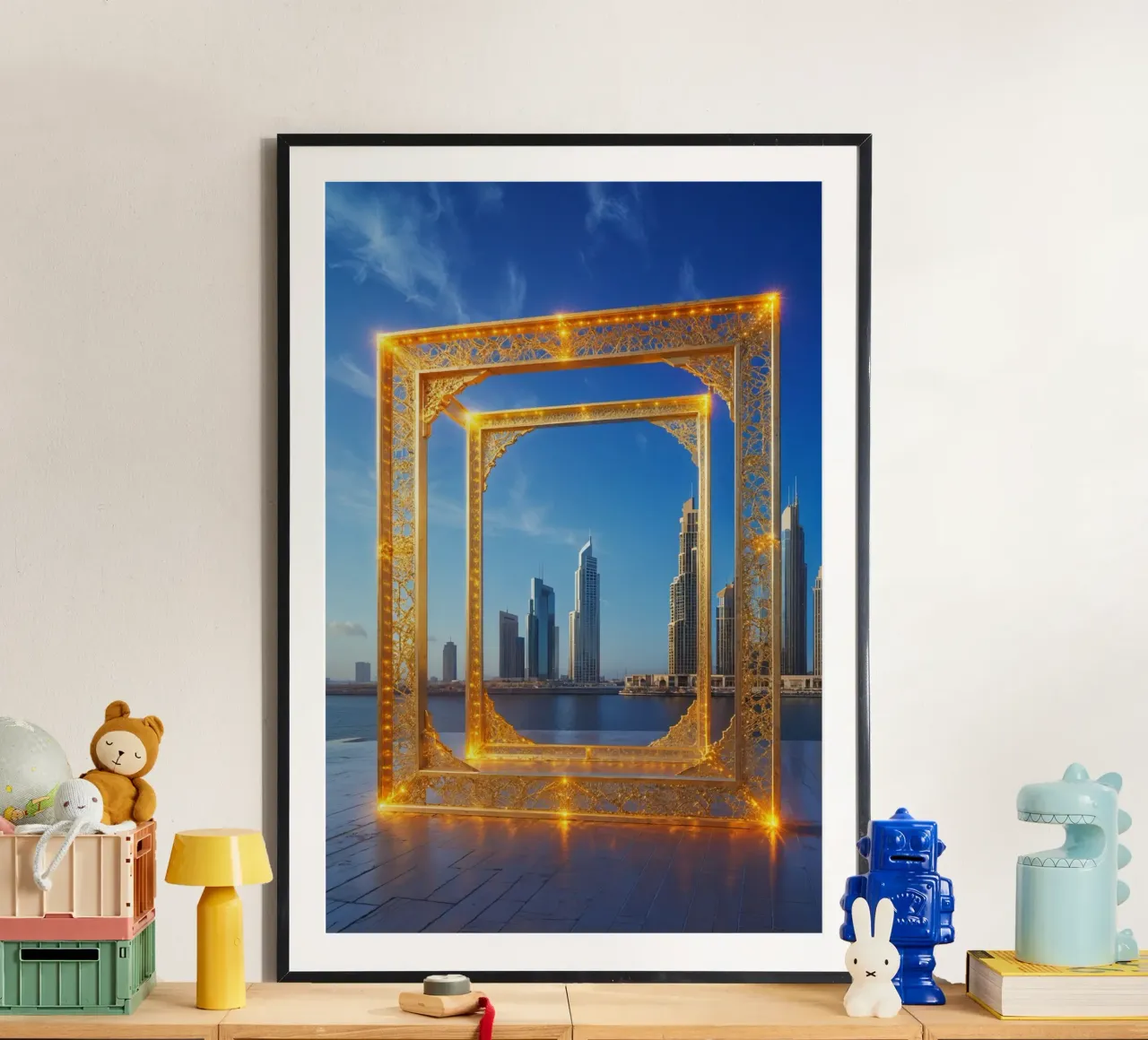 Illuminated Dubai Frame with City Reflections poster con telaio in alluminio da AlbertKlee