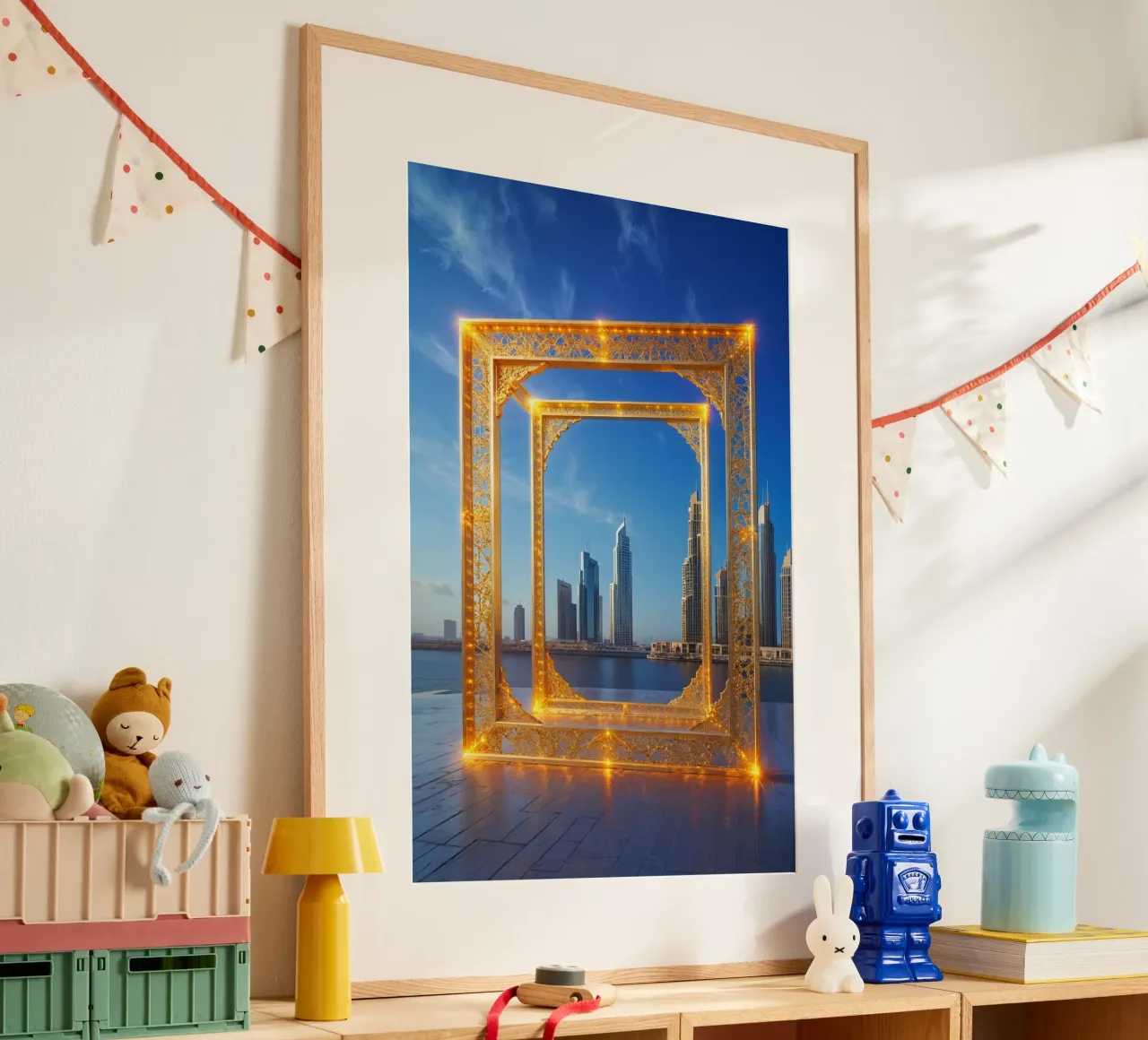 Illuminated Dubai Frame with City Reflections poster con telaio in alluminio da AlbertKlee