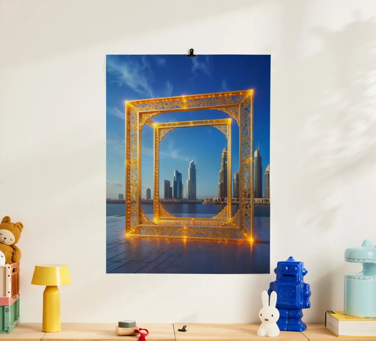 Illuminated Dubai Frame with City Reflections poster con telaio in alluminio da AlbertKlee