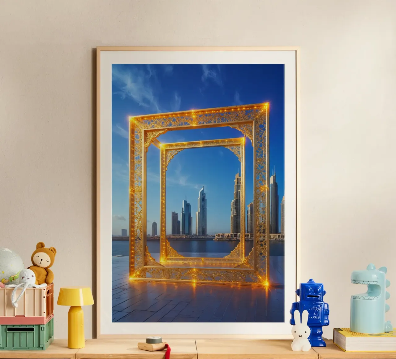 Illuminated Dubai Frame with City Reflections poster con telaio in alluminio da AlbertKlee