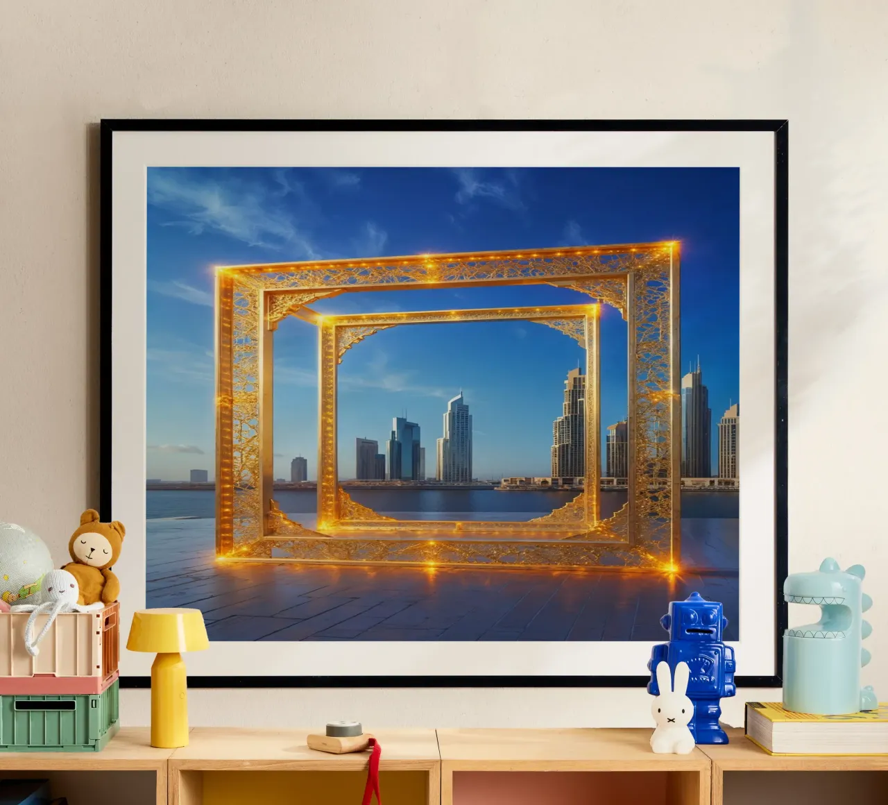 Illuminated Dubai Frame with City Reflections poster con telaio in alluminio da AlbertKlee