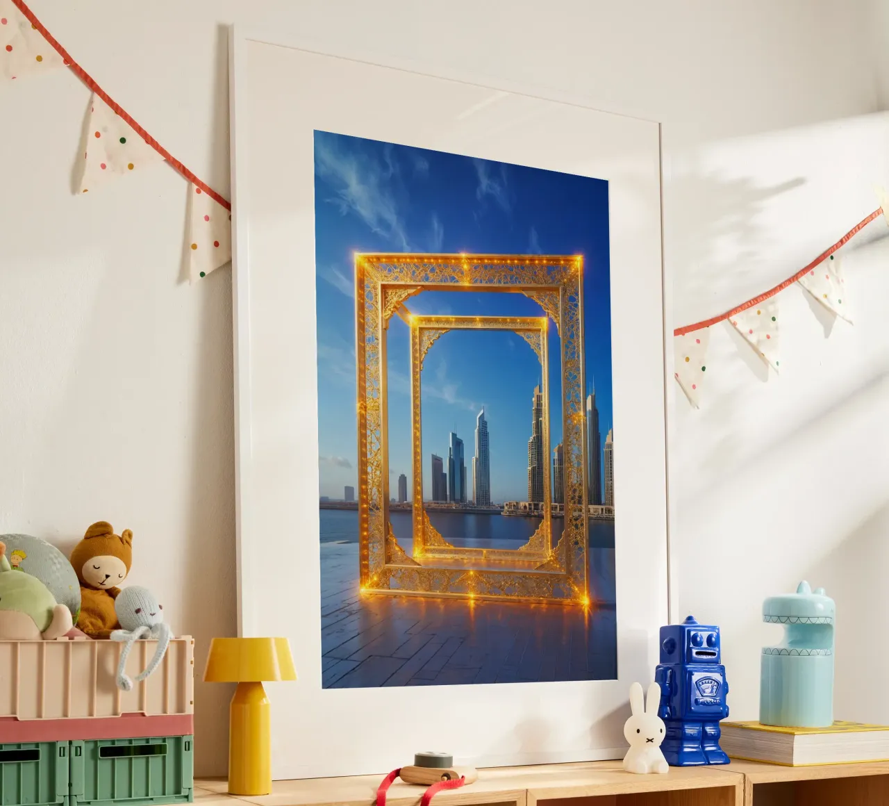 Illuminated Dubai Frame with City Reflections poster con telaio in alluminio da AlbertKlee