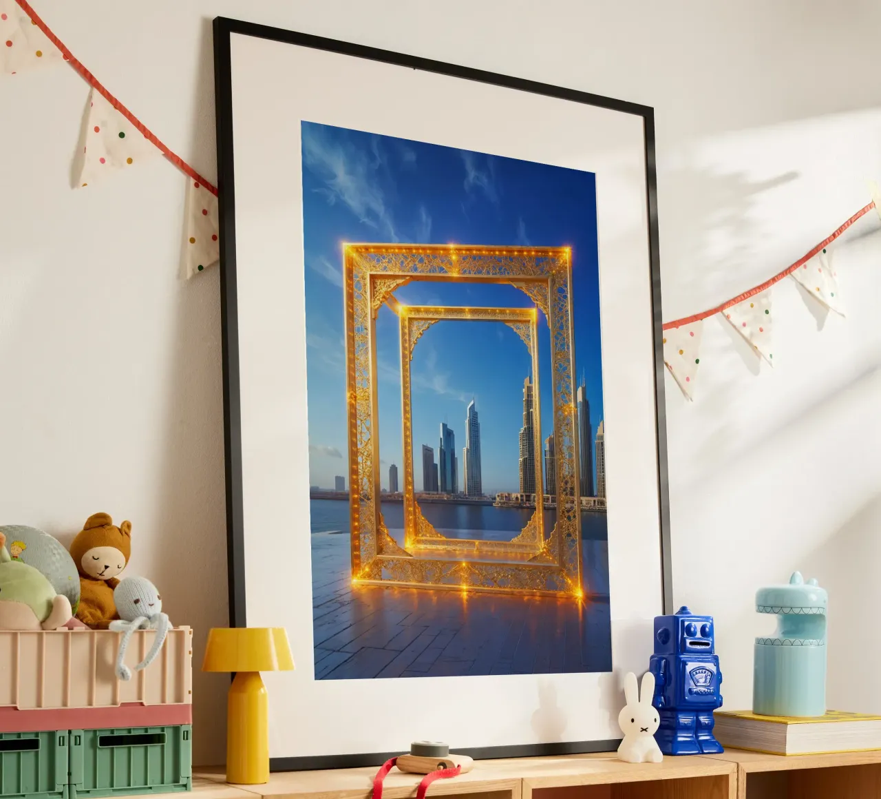Illuminated Dubai Frame with City Reflections poster con telaio in alluminio da AlbertKlee