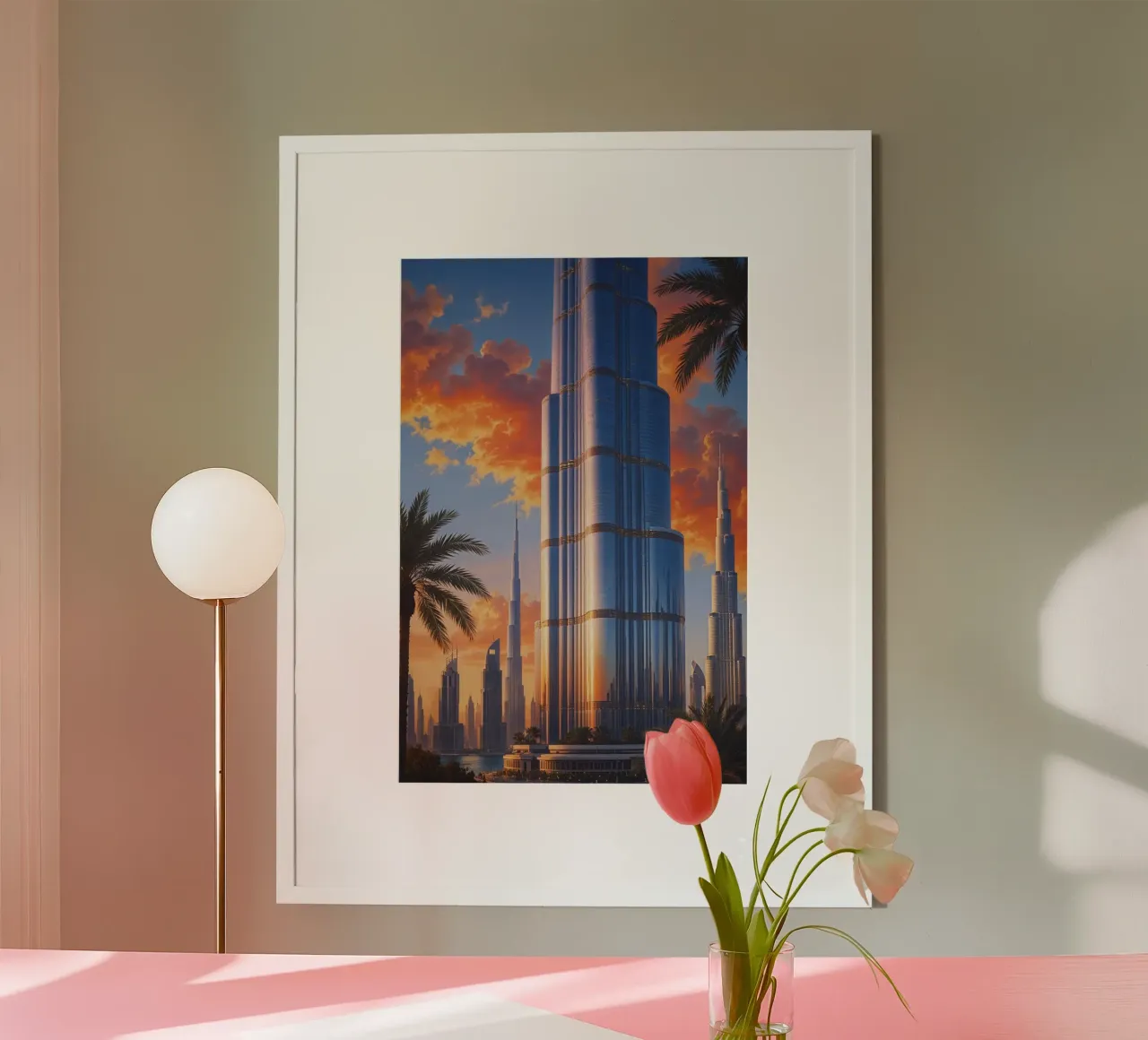 Burj Khalifa at Sunset – A Majestic View poster con telaio in legno da AlbertKlee