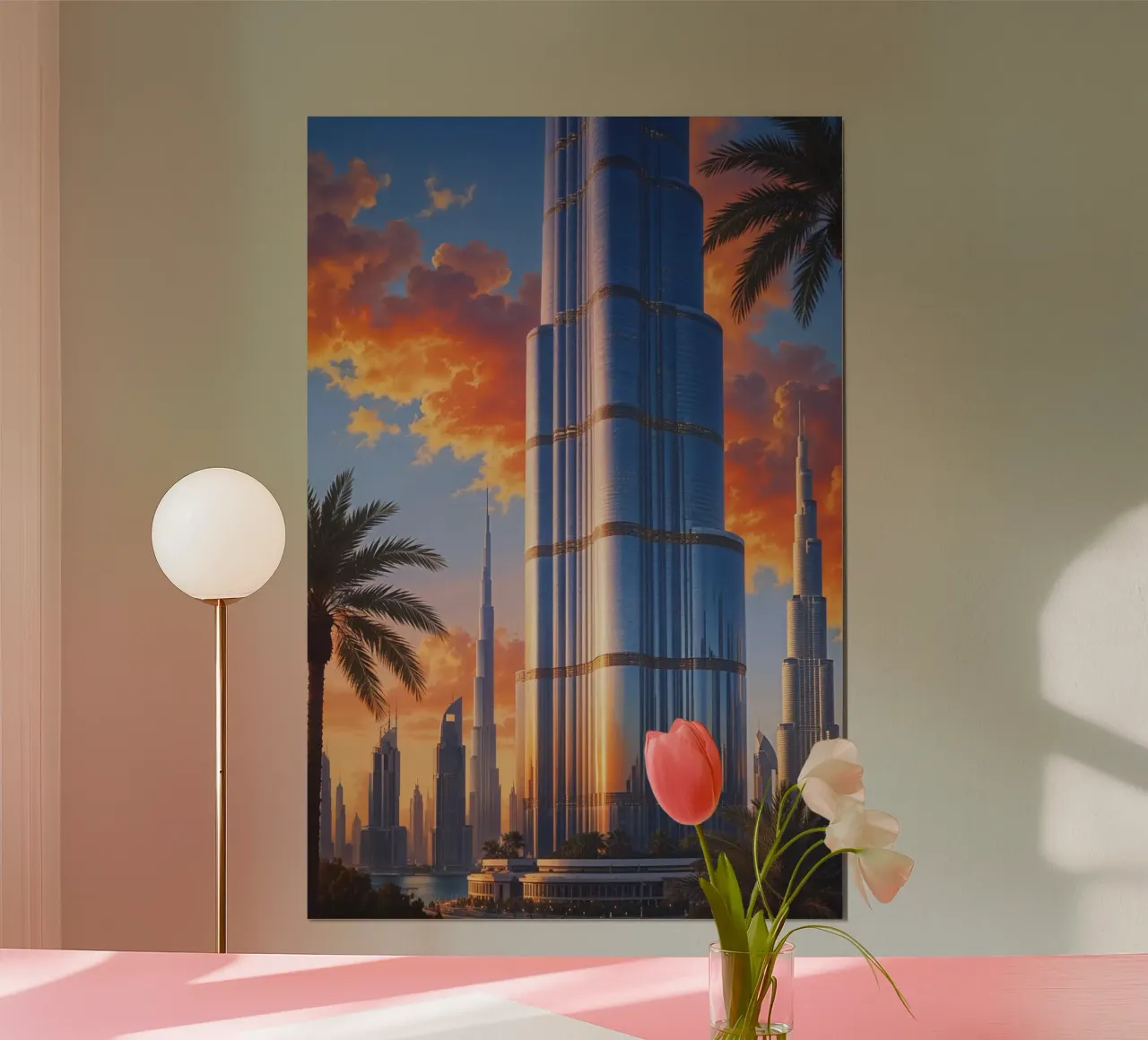 Burj Khalifa at Sunset – A Majestic View poster con telaio in legno da AlbertKlee
