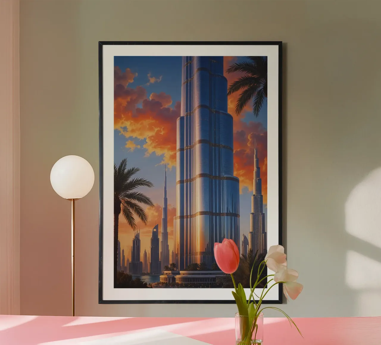 Burj Khalifa at Sunset – A Majestic View poster con telaio in legno da AlbertKlee