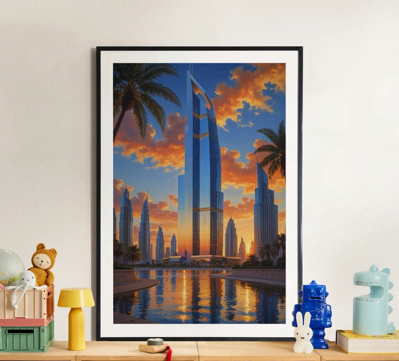 Towering Elegance – The Burj Khalifa at Twilight poster con telaio in legno da AlbertKlee